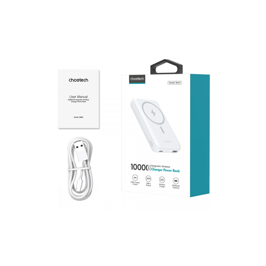 Батарея універсальна Choetech Magnetic Wireless 10000mAh 20W, PD,QC/3.0, USB-A, USB-C, White (B663-ACWH) - зображення 4