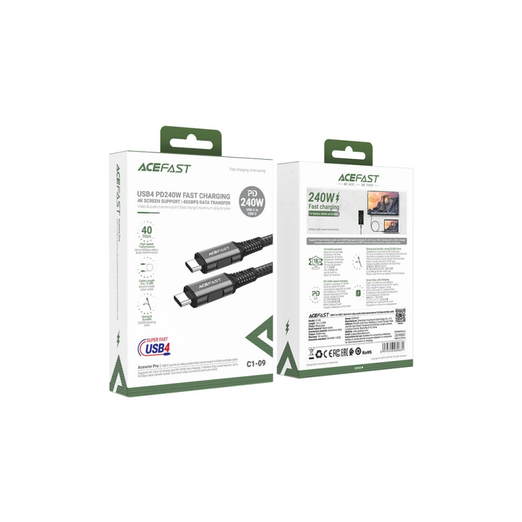 Дата кабель USB-C to USB-C 1.0m USB 4.0 240W audio/video black-grey Acefast (6974316282631) - зображення 3