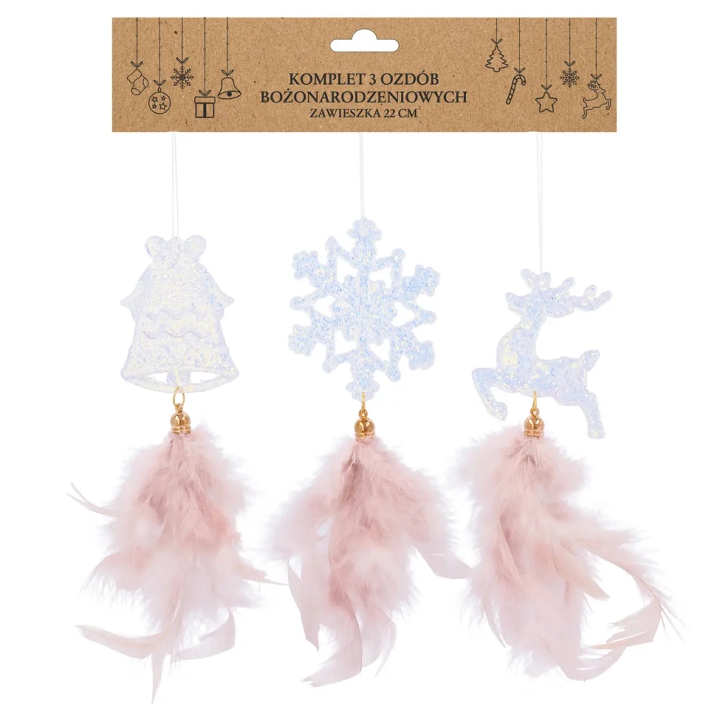 Ялинкова іграшка Chomik Олень, Дзвіночок, Сніжинка" з пір'ям 22 см, 3 шт, шампань (5900779855861) - зображення 1