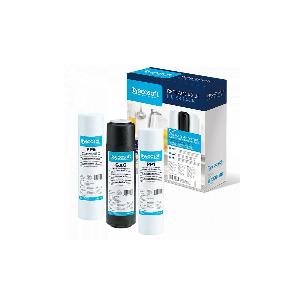 Картридж для фільтра глечика Ecosoft Комплект картриджів Ecosoft 1-2-3 Standart (2 поліпропілену+вугі (CPV3ECOSTD) - зображення 1