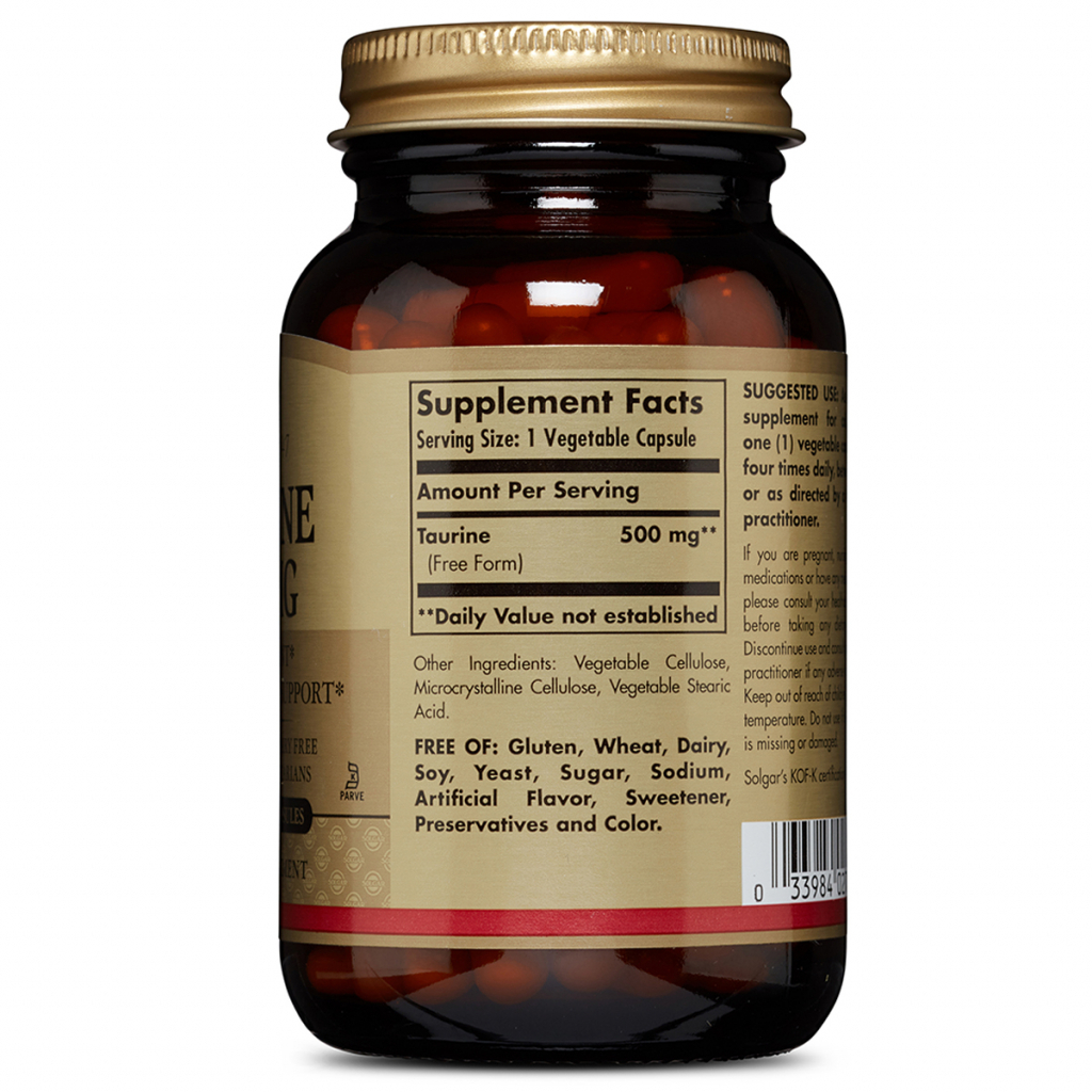 Амінокислота Solgar Таурин, Taurine, 500 мг, 100 вегетаріанських капсул (SOL02701) - зображення 2