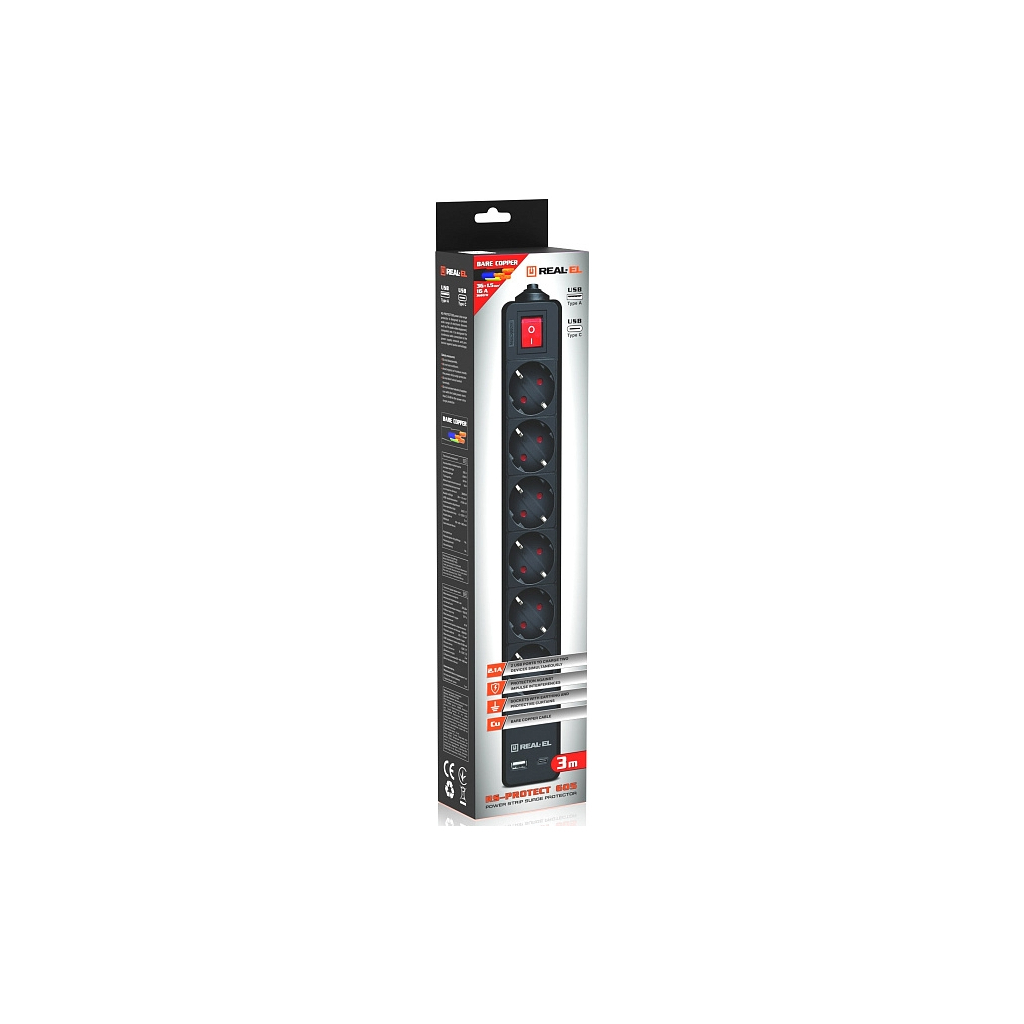 Мережевий подовжувач REAL-EL RS-PROTECT 605 3m, black (EL122300041) - зображення 11