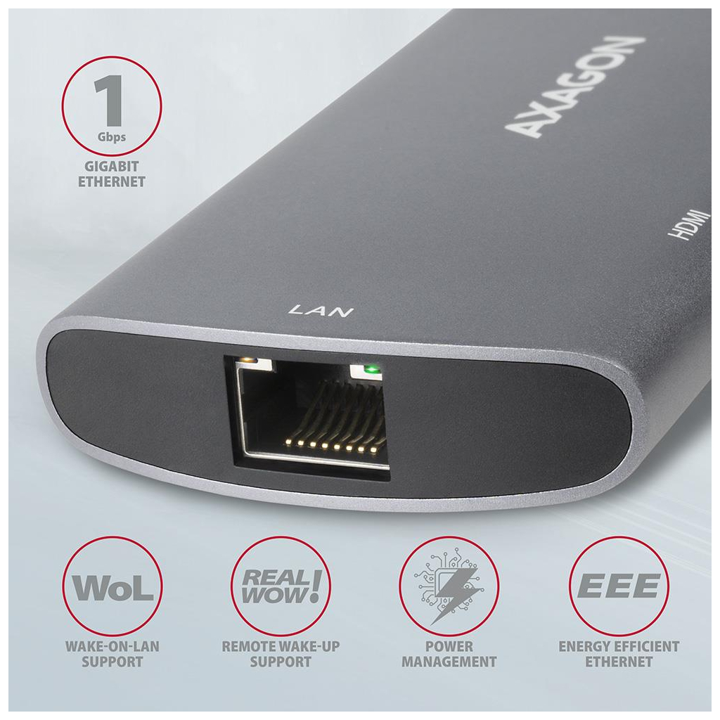 Концентратор AXAGON USB-C to 2xUSB-A + HDMI + RJ45 + SATA M.2 + PD 100W 0.18m grey (HMC-6M2) - зображення 4