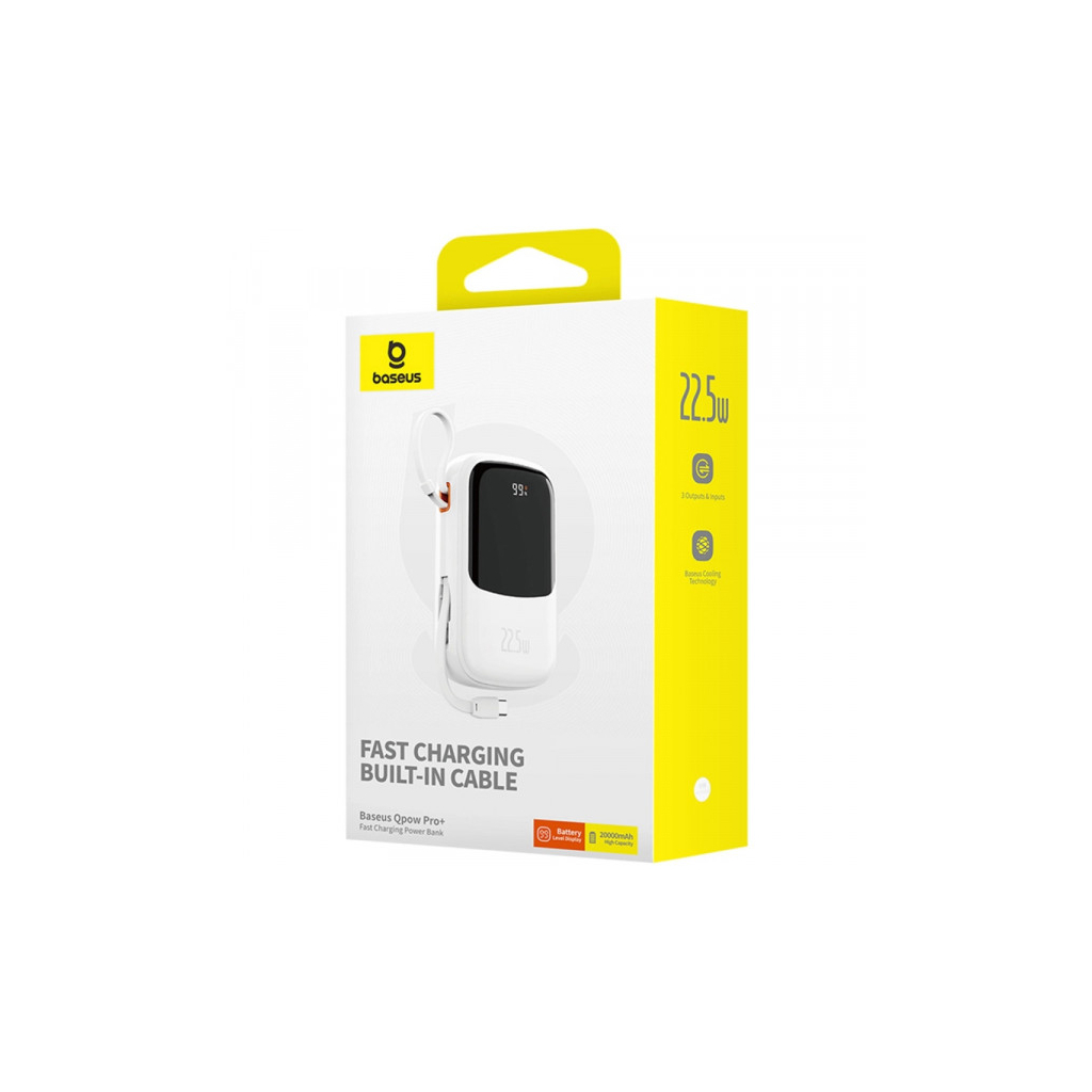 Батарея універсальна Baseus Qpow Pro+ 20000mAh 22,5W, PD/3.0, QC/3.0, FCP, AFC, built-in USB-C cable, white (P10067103213-00) - зображення 6