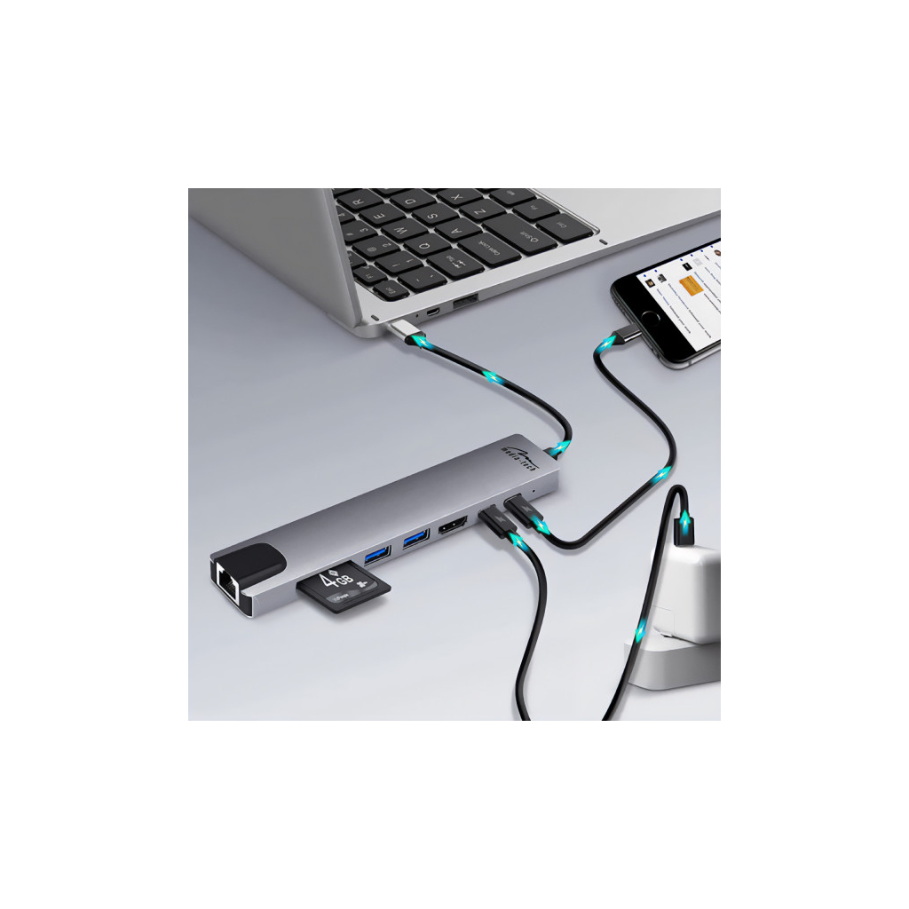 Концентратор Media-Tech USB-C 8-in-1 HDMI 4K/2xUSB-A/2xUSB-C/RJ45/SD/TF/PD 100W USB3.1 (MT5046) - зображення 6