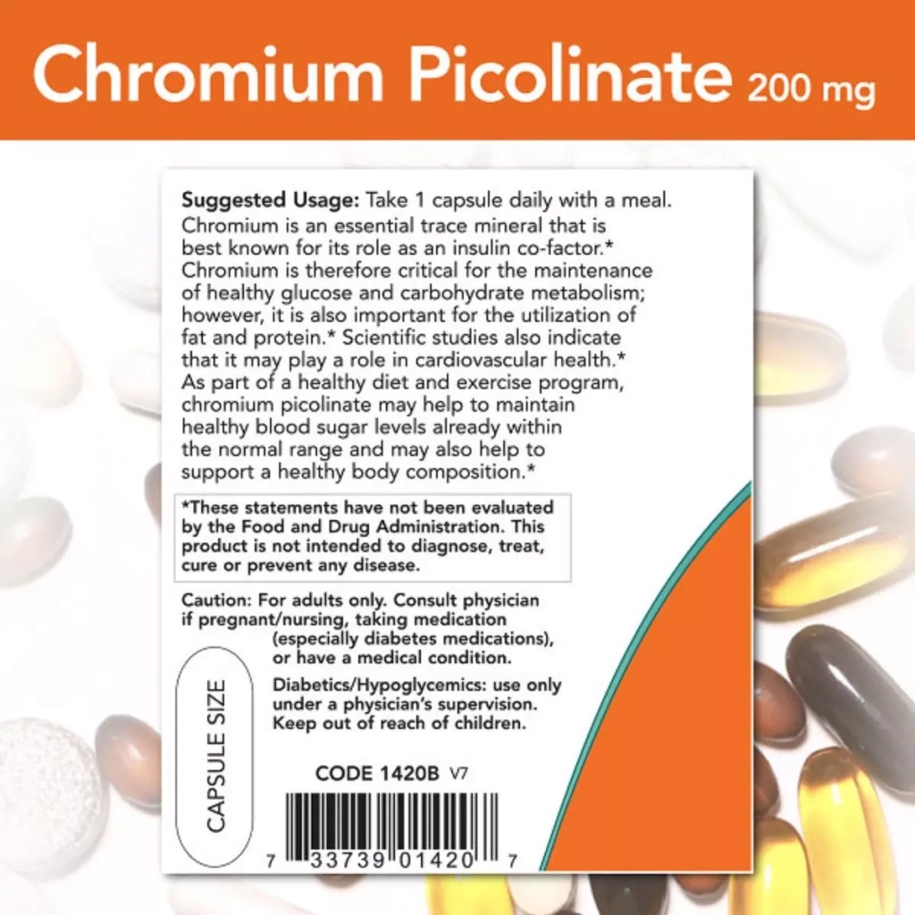 Мінерали Now Foods Піколінат Хрома, 200 мкг, Chromium Picolinate, 100 вегетаріанських до (NF1420) - зображення 2