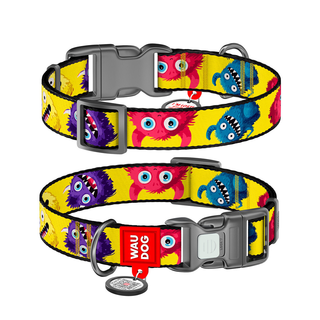 Нашийник для тварин WAUDOG Nylon з QR паспортом "Мохнаті монстри" пластиковий фастекс М (281-4050) - изображение 1