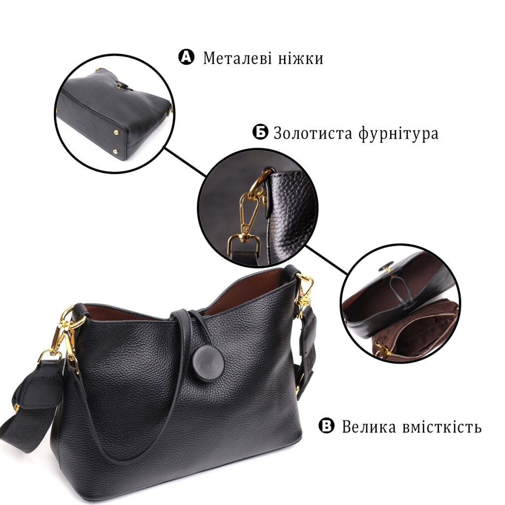 Сумка Vintage Жіноча із застібкою ґудзиком з натуральної шкіри Чорна (22319) - зображення 3