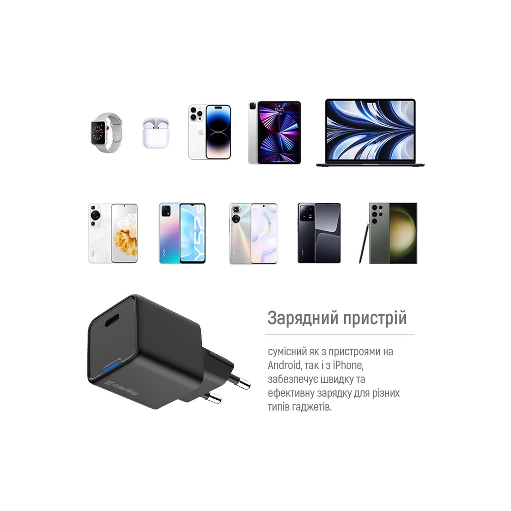 Зарядний пристрій ColorWay GaN Mini 25W PD Port PPS USB-C black (CW-CHS052PD-BK) - зображення 12