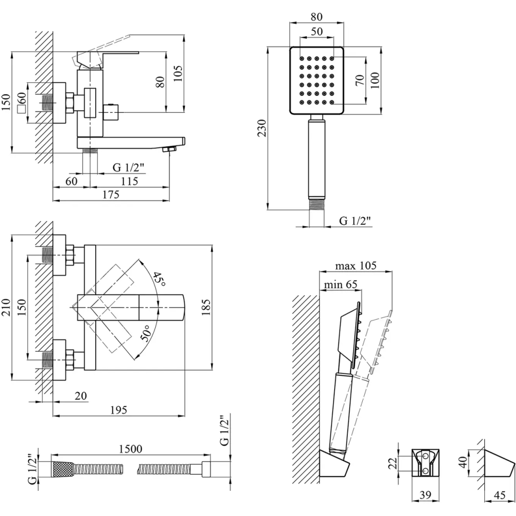 Душовий гарнітур Kroner Edelstahl Kubus-ESG010 + змішувач Edelstahl Kubus-ESG060 + штанга для душу Edelstahl Kubus-ESG23 (CVS30151) - picture 10