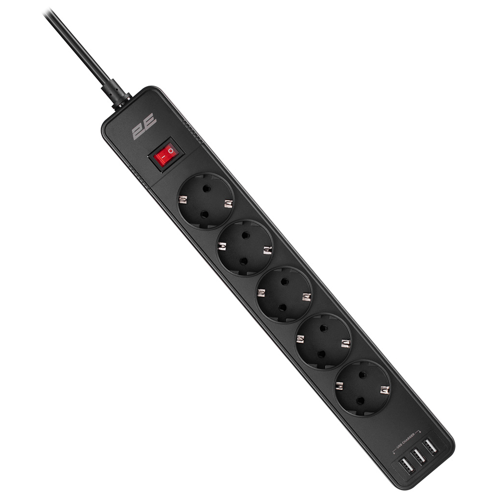 Мережевий фільтр живлення 2E 5XSchuko, 3G*1.5мм, 3*USB-A, 2м, black (2E-SP515M2USBBK) - зображення 2