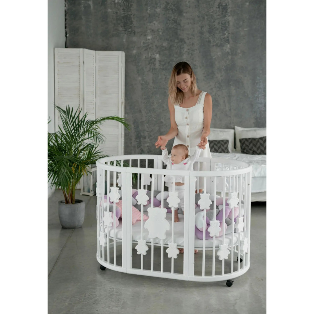 Ліжечко Ingvart трансформер Smart Bed Round (72х72, 72х120, 72х168 см) біле з декором "Ведмедики" (1329003) - зображення 3