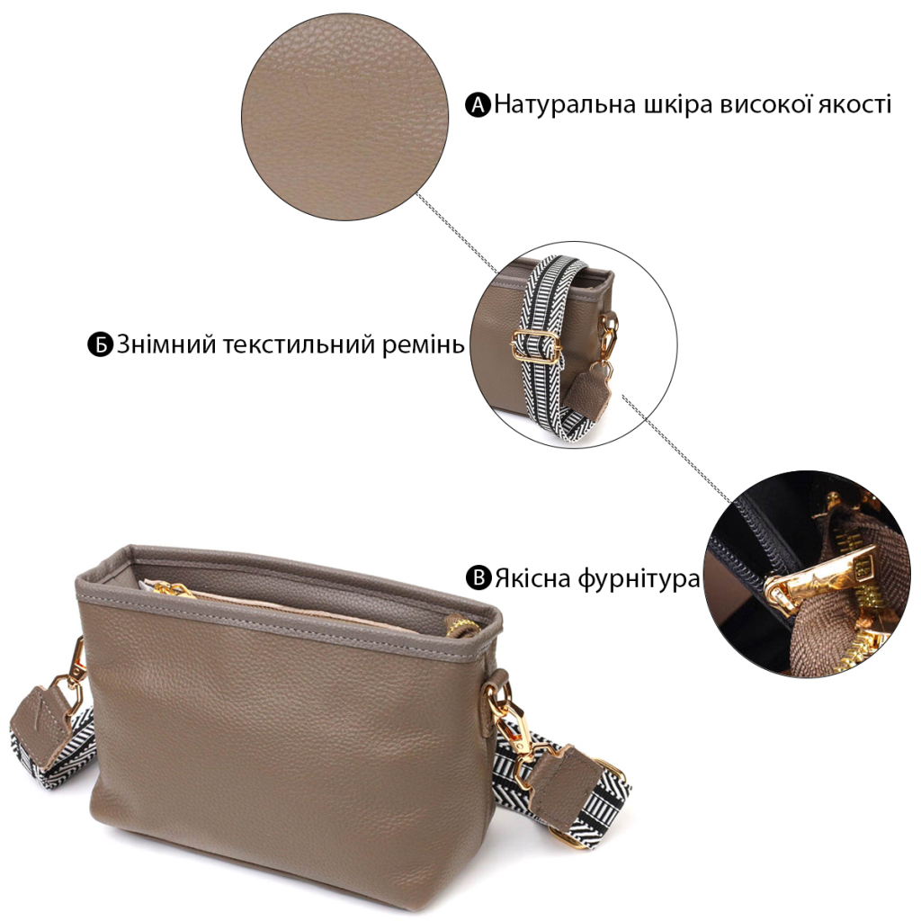 Сумка Vintage Компактна на плече з натуральної шкіри Сіра (22098) - зображення 4