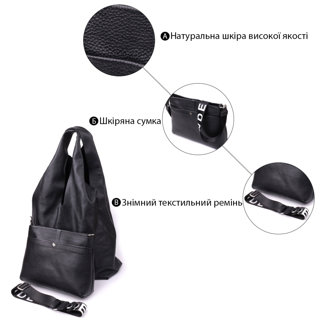Сумка Grande Pelle Шопер 2 в 1 з натуральної шкіри Чорна (22881) - зображення 4