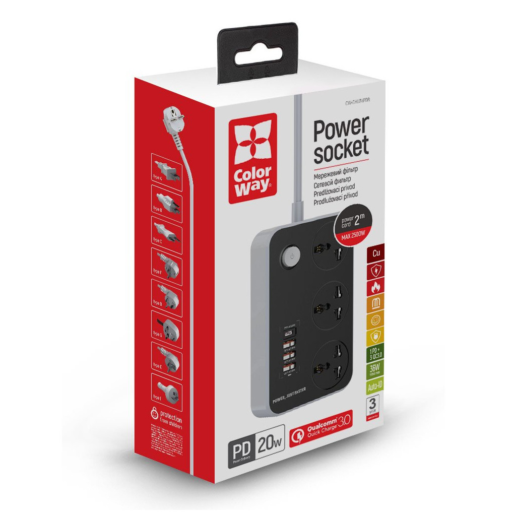 Мережевий фільтр живлення ColorWay CW-CHU34PDB, 3 розетки / 4USB Black 2M - зображення 11