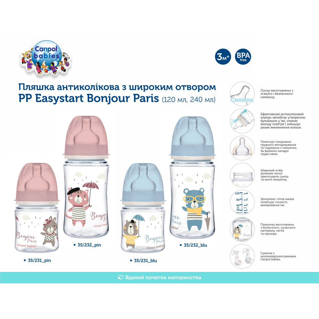 Пляшечка для годування Canpol babies Bonjour Paris з широким отвором 120 мл Синя (35/231_blu) - зображення 4