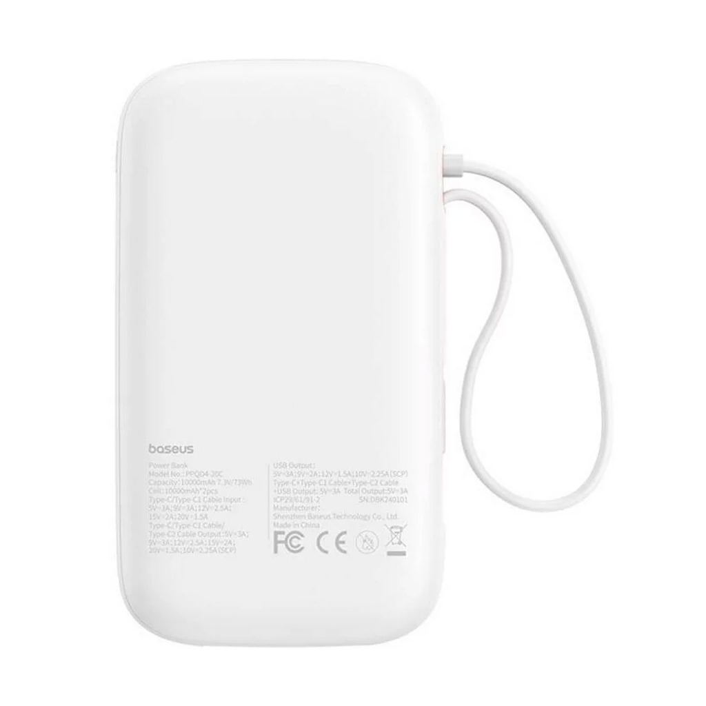 Батарея універсальна Baseus QPow2 20000mAh 30W, with 2*Type-C Cable, White (P10055009213-00) - зображення 6