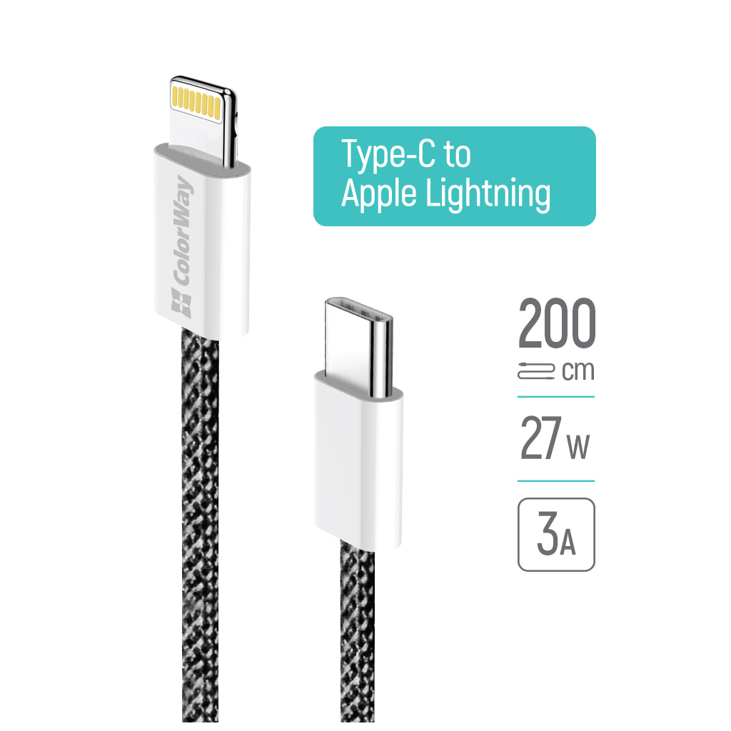 Дата кабель USB-C to Lightning 2.0m 27W PD FC black ColorWay (CW-CBPDCL068-BK) - зображення 9