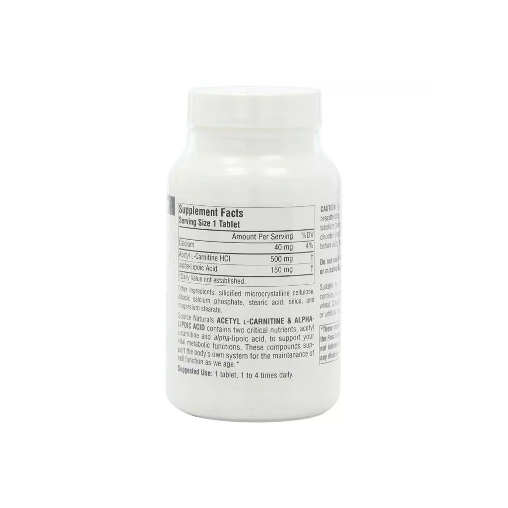 Амінокислота Source Naturals Ацетил-L-Карнітін та Альфа-Ліпоєва Кислота 650мг, 60 табл (SN1799) - зображення 2