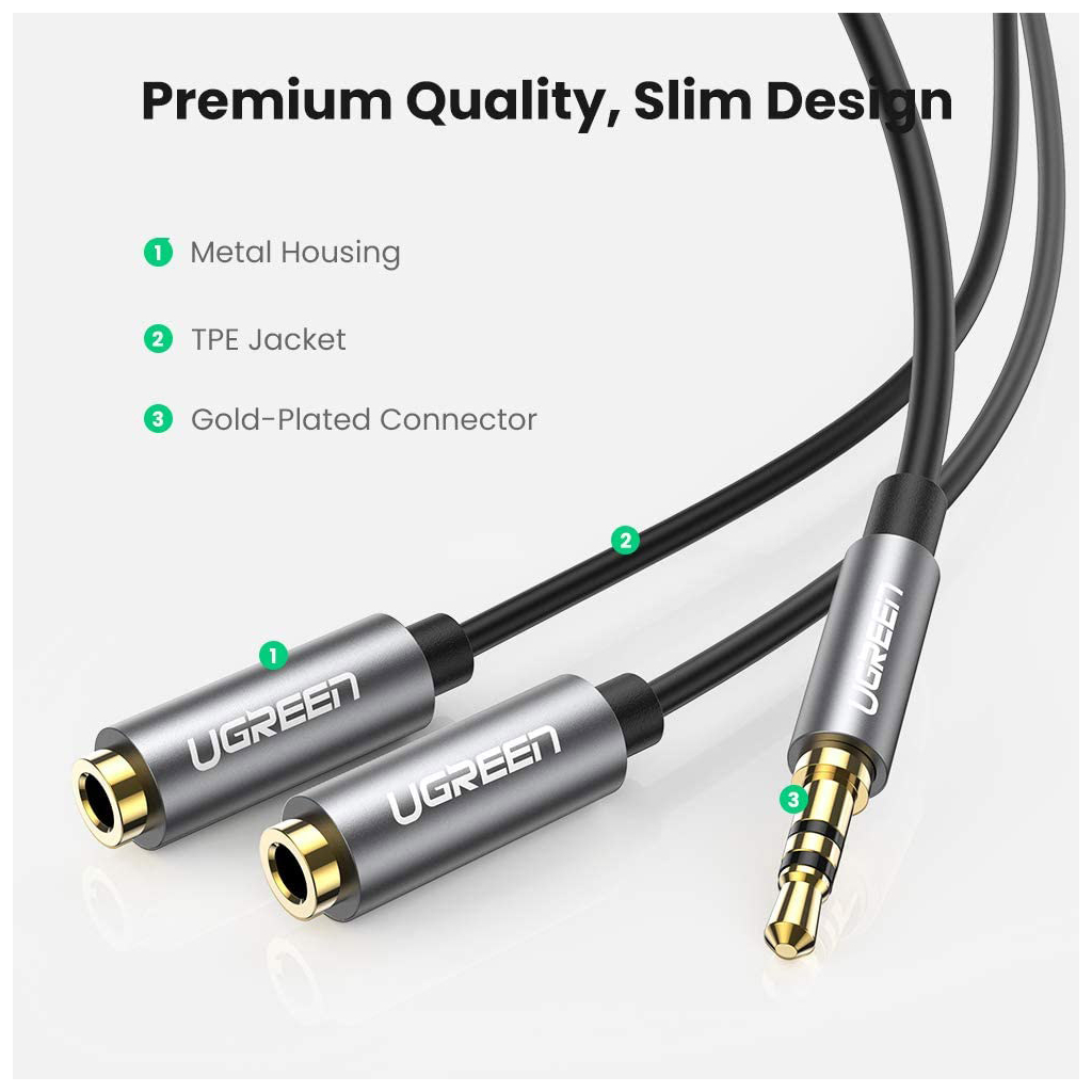 Кабель мультимедійний 3.5mm M to 2x3.5mm F 0.2m AV123 black Ugreen (10532) - picture 3