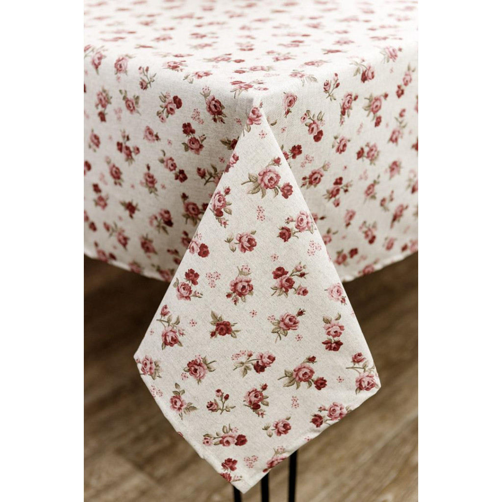 Скатертина Прованс непромокаюча Simfoni Червоні трояндочки на натюрель 180х136 см (033553) - зображення 1