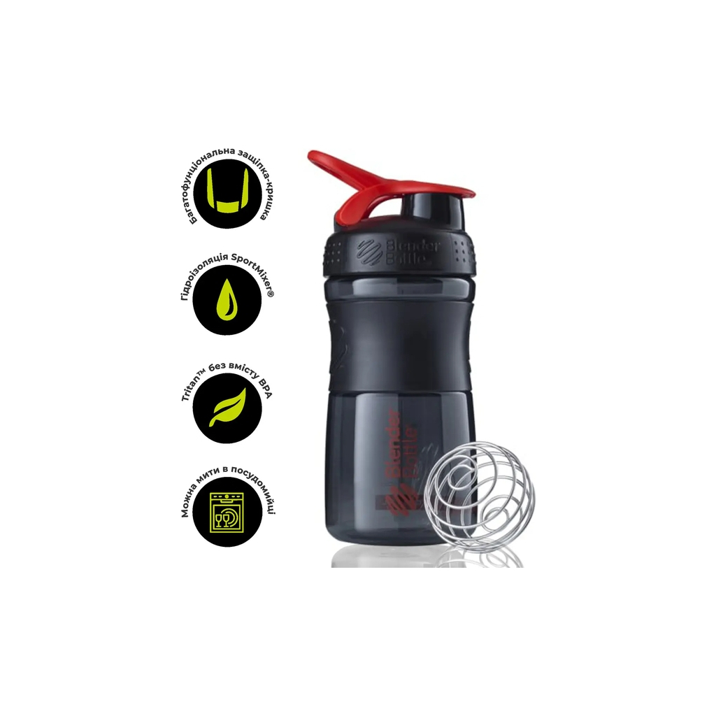Шейкер спортивний BlenderBottle SportMixer 20oz/590ml Black/Red (SM 20oz Black/Red) - зображення 1
