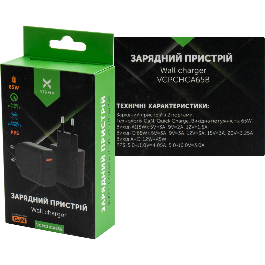 Зарядний пристрій Vinga GaN 65W PD+QC 1C1A ports Wall Charger (VCPCHCA65B) - зображення 5