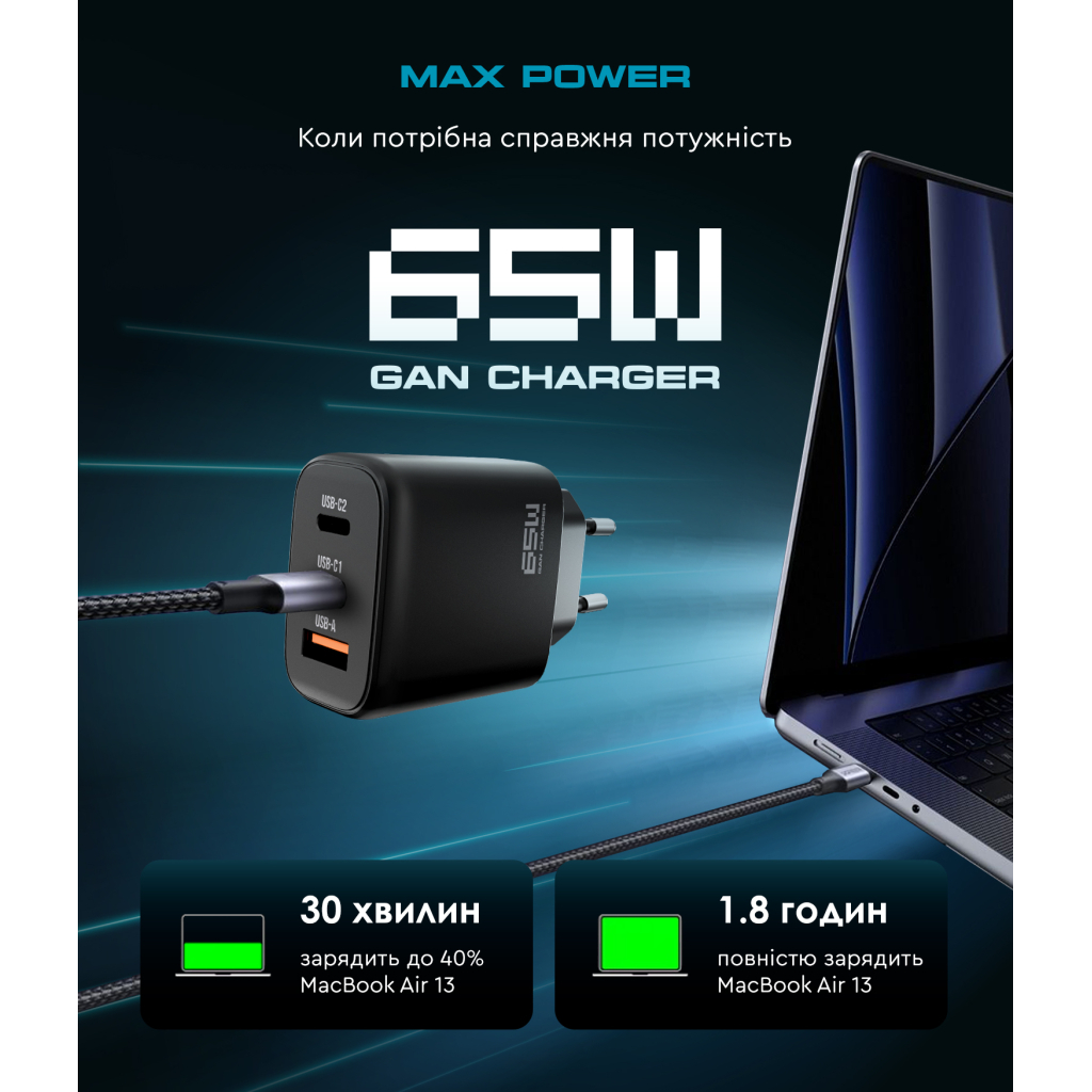 Зарядний пристрій Armorstandart ARP-621 Resolute Power USB-C 65W GaN Black (ARM70023) - зображення 2