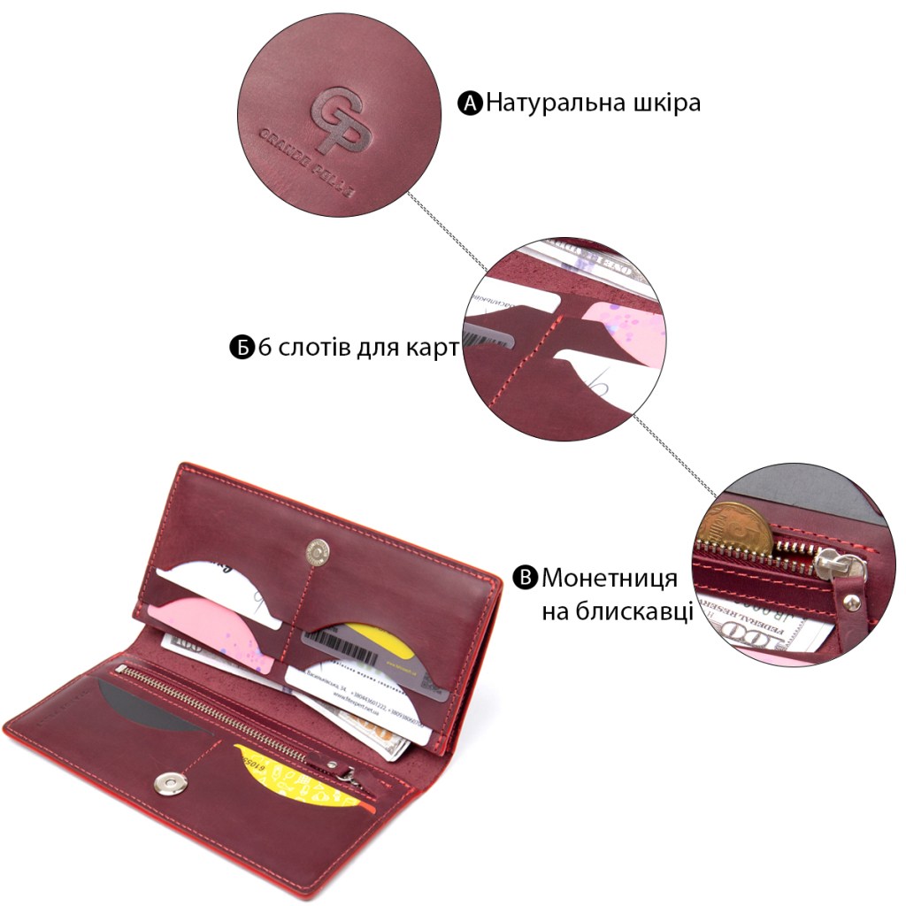 Гаманець Grande Pelle Бордовий (11468) - зображення 4