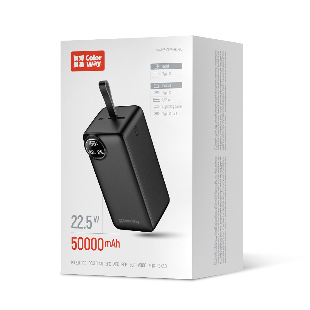 Батарея універсальна ColorWay 50 000 mAh PD/22.5W, QC/3.0, black (CW-PB500LPA4BK-PDD) - зображення 6