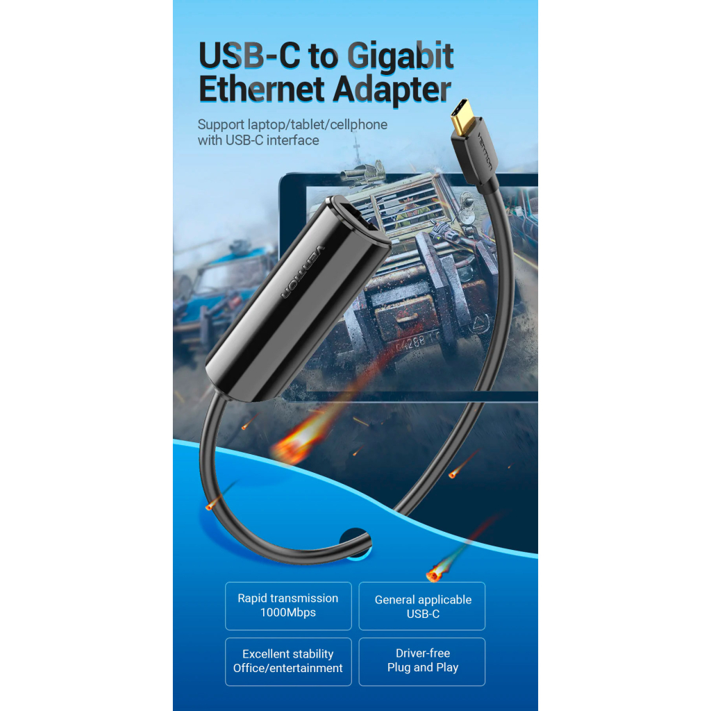 Перехідник USB-C to RJ45 Ethernet 1000Mbps Vention (CFBBB) - изображение 2