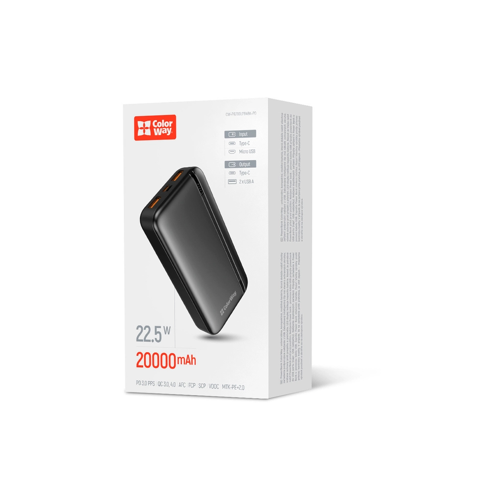 Батарея універсальна ColorWay 20 000 mAh Portable Charger (USB/QC3.0 + USB-C/PD/22.5W) Black (CW-PB200LPB4BK-PD) - зображення 6