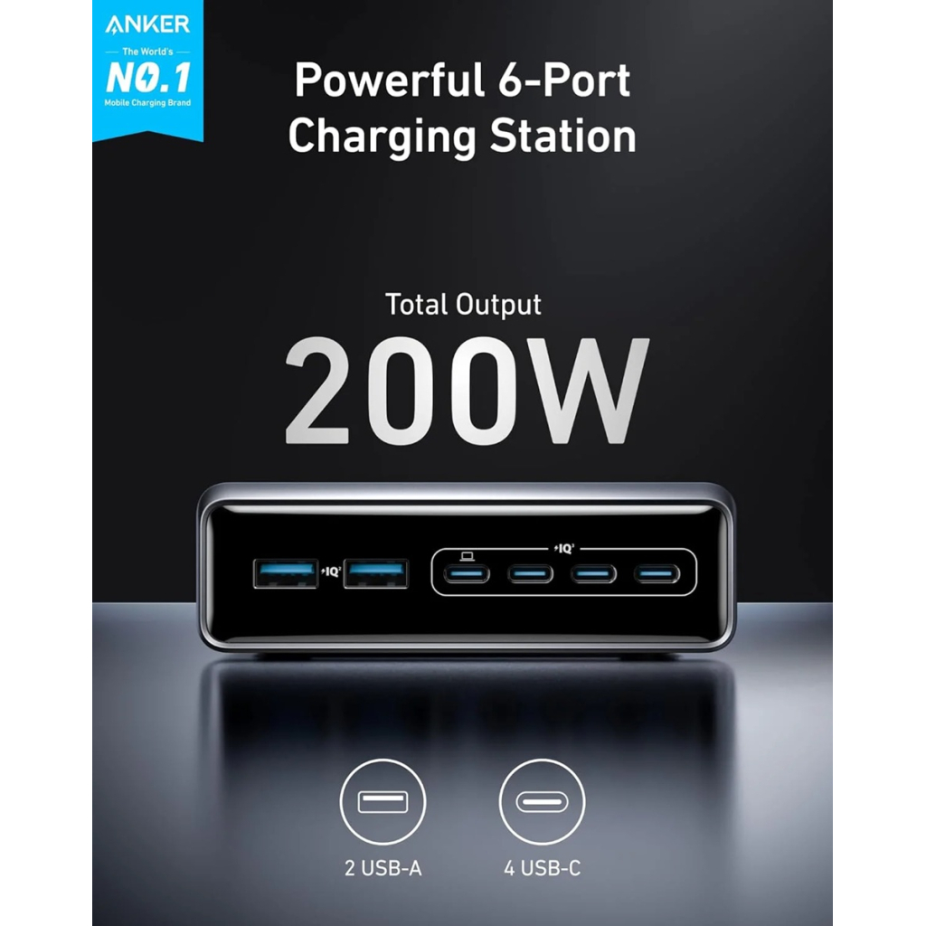 Зарядний пристрій Anker GaNPrime 200W 4xUSB-C PD + 2xUSB-A Black (A2683341) - зображення 4