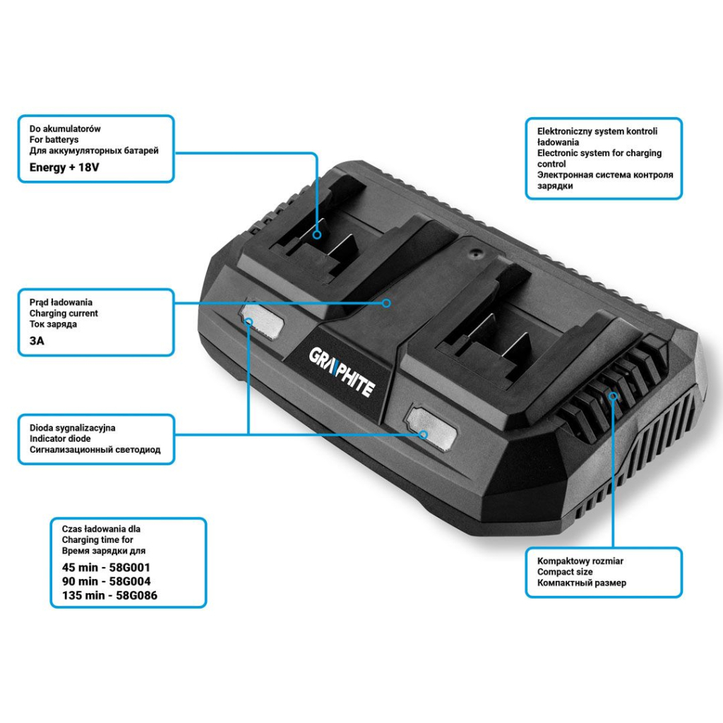 Зарядний пристрій для акумуляторів інструменту Graphite Energy+ 18V, 3А,0.74кг (58G085) - зображення 2