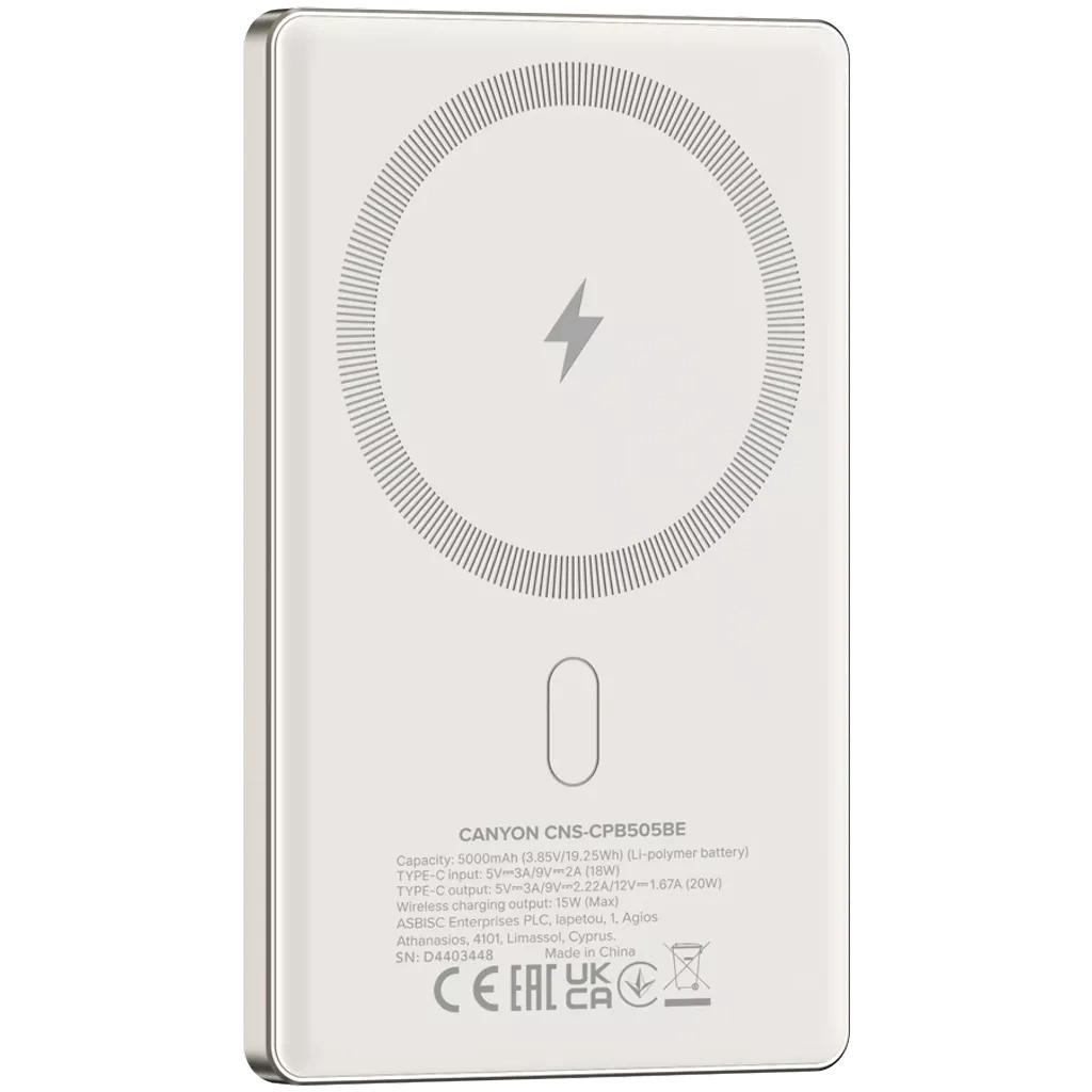 Батарея універсальна Canyon 5000mAh OnPower 505 slim Magsafe PD/20W Beige (CNS-CPB505BE) - зображення 4