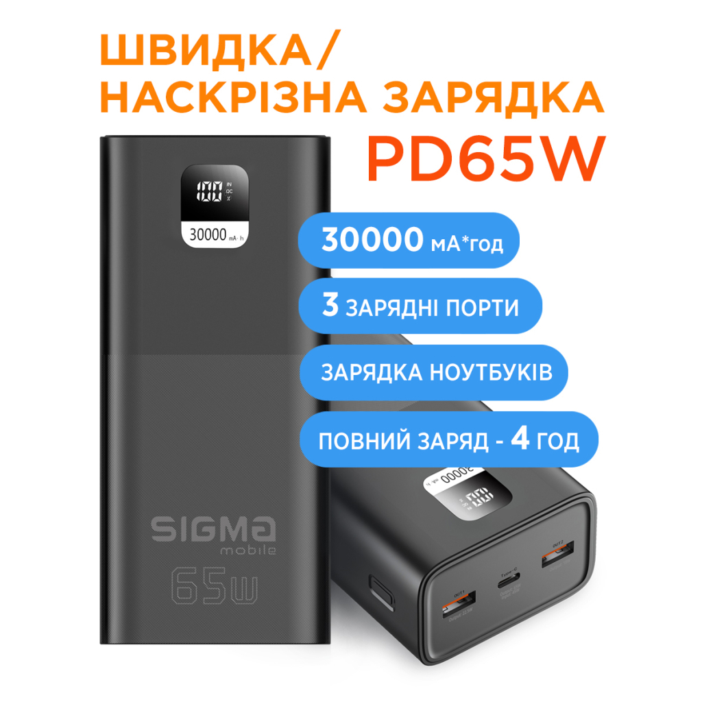 Батарея універсальна Sigma X-power SI30A6QLX 30000mAh, PD/65W, LED, cable 100w, black (4827798835111) - зображення 7