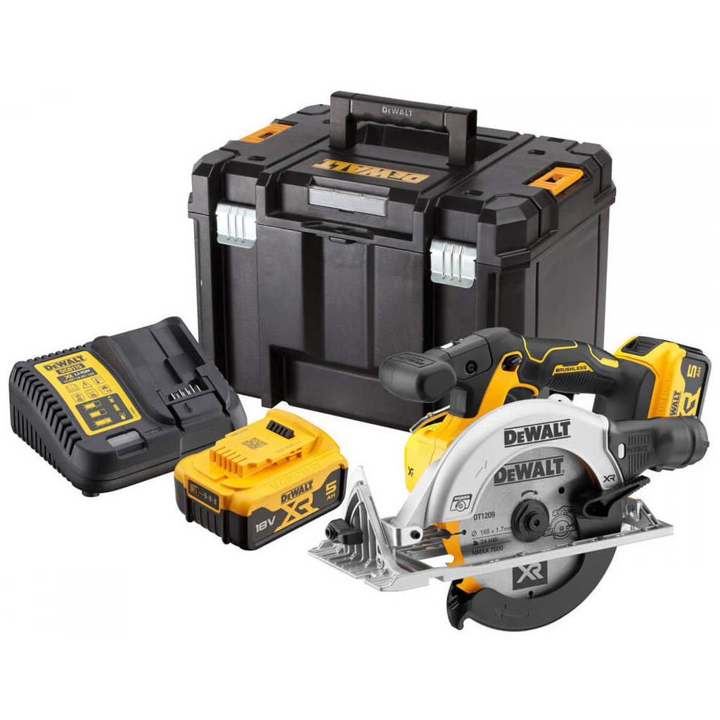 Дискова пила DeWALT 18В XR Li-lon, 2x5Ah, диск 165х20 мм, 2.8 кг, TSTAK (без АКБ та ЗП) (DCS565P2) - зображення 1