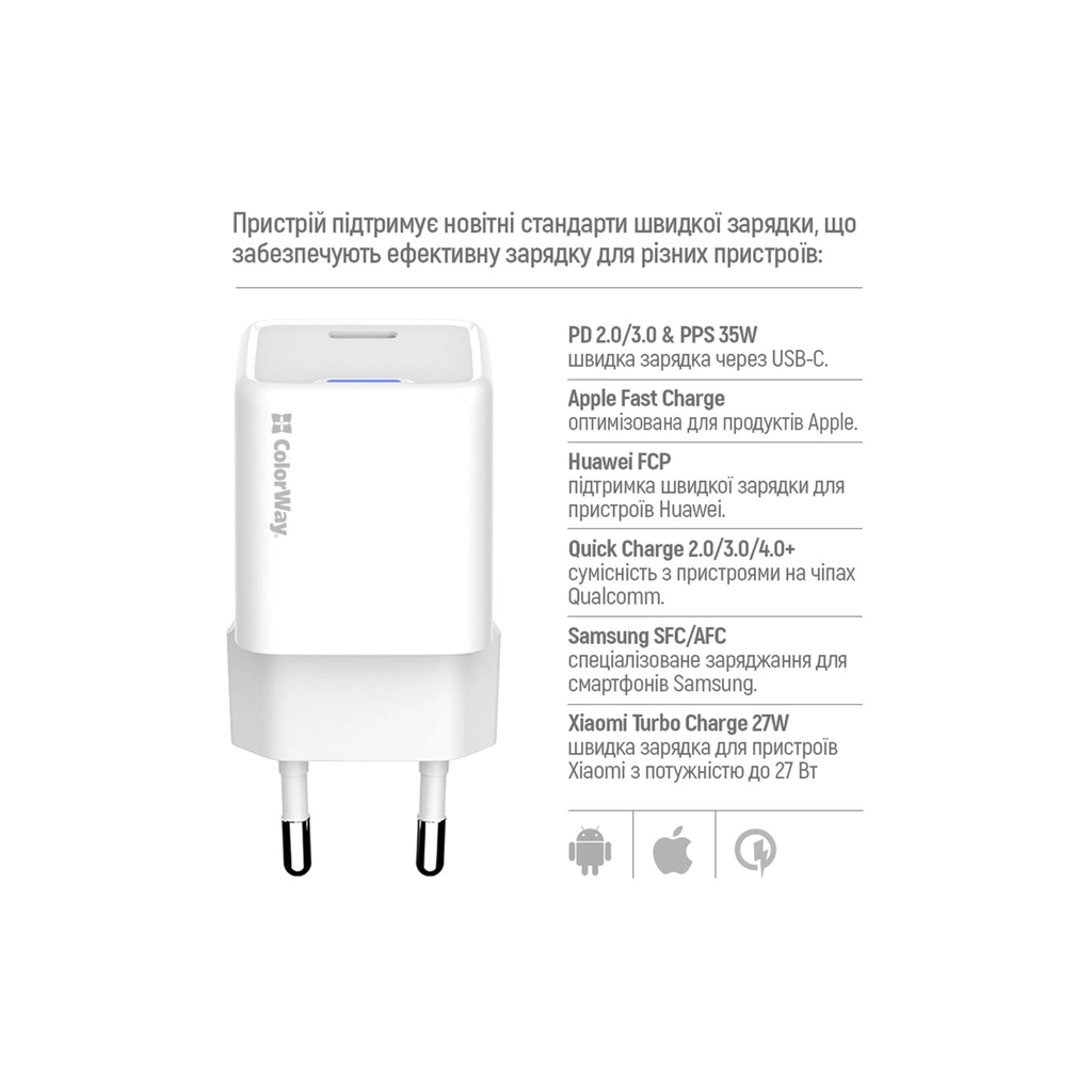 Зарядний пристрій ColorWay GaN Mini 35W PD Port PPS USB-C white (CW-CHS056PD-WT) - изображение 9