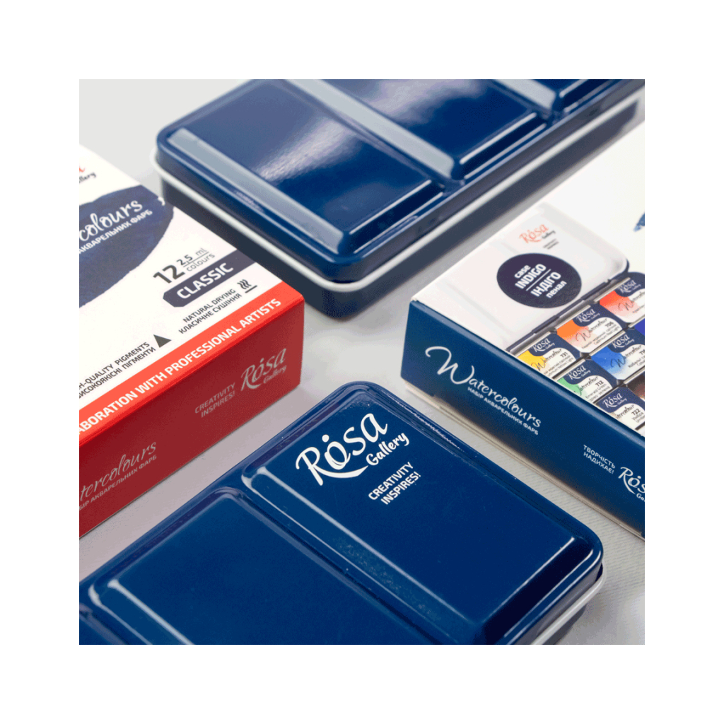 Акварельні фарби Rosa Gallery Класика в металевому пеналі Індиго 12 кольорів кювета (4823098525677) - изображение 4
