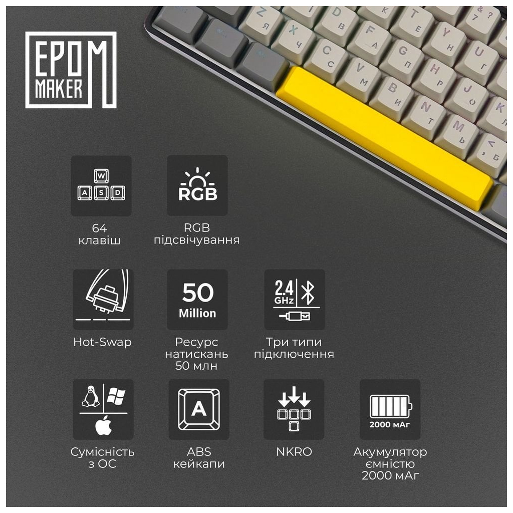 Клавіатура Epomaker EP64 60 Mulan Switch Hot-Swap RGB Wireless/Bluetooth/USB UA Black (EP64-B-M) - зображення 10