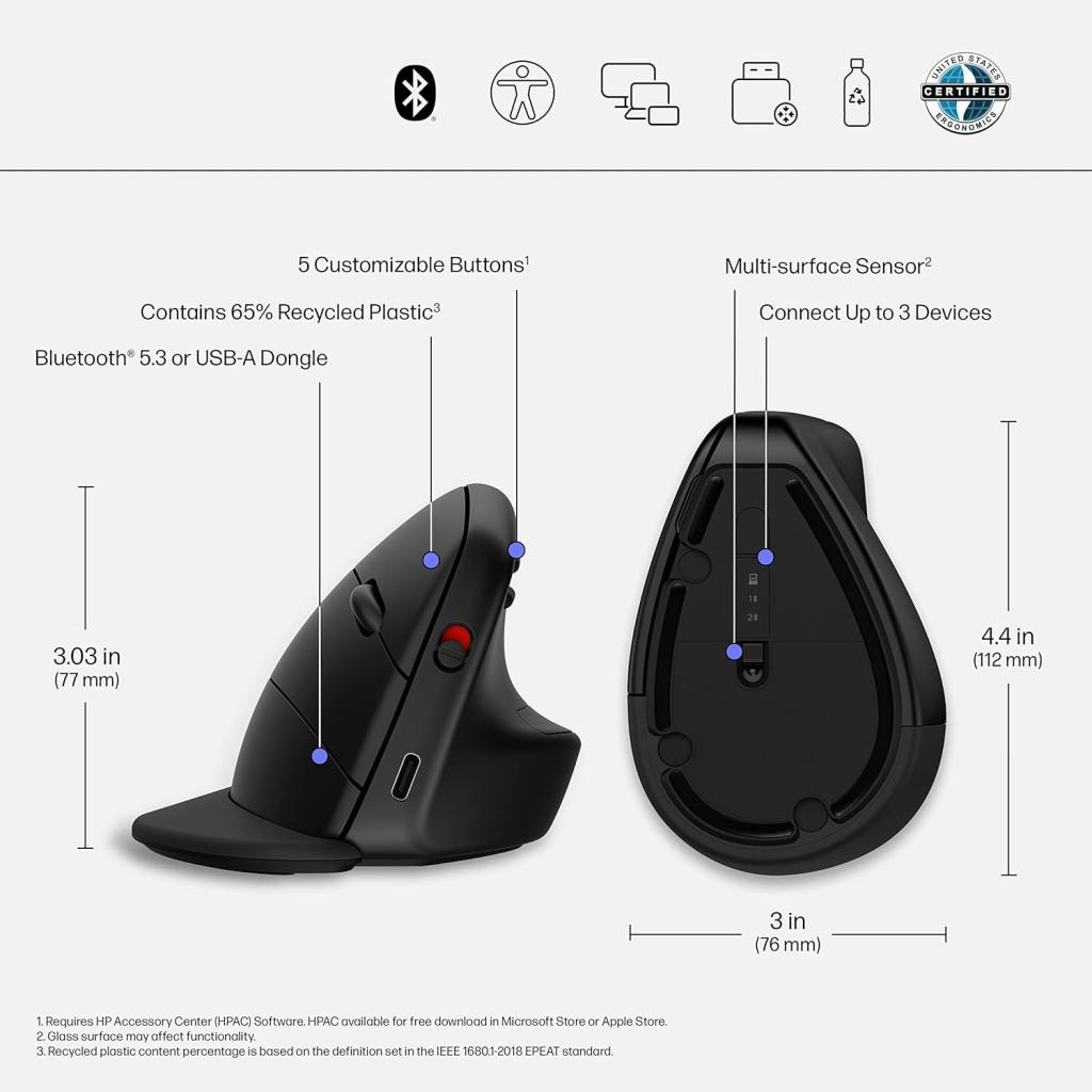 Мишка HP 920 Ergonomic Vertical Wireless/Bluetooth Black (6H1A4AA) - зображення 2
