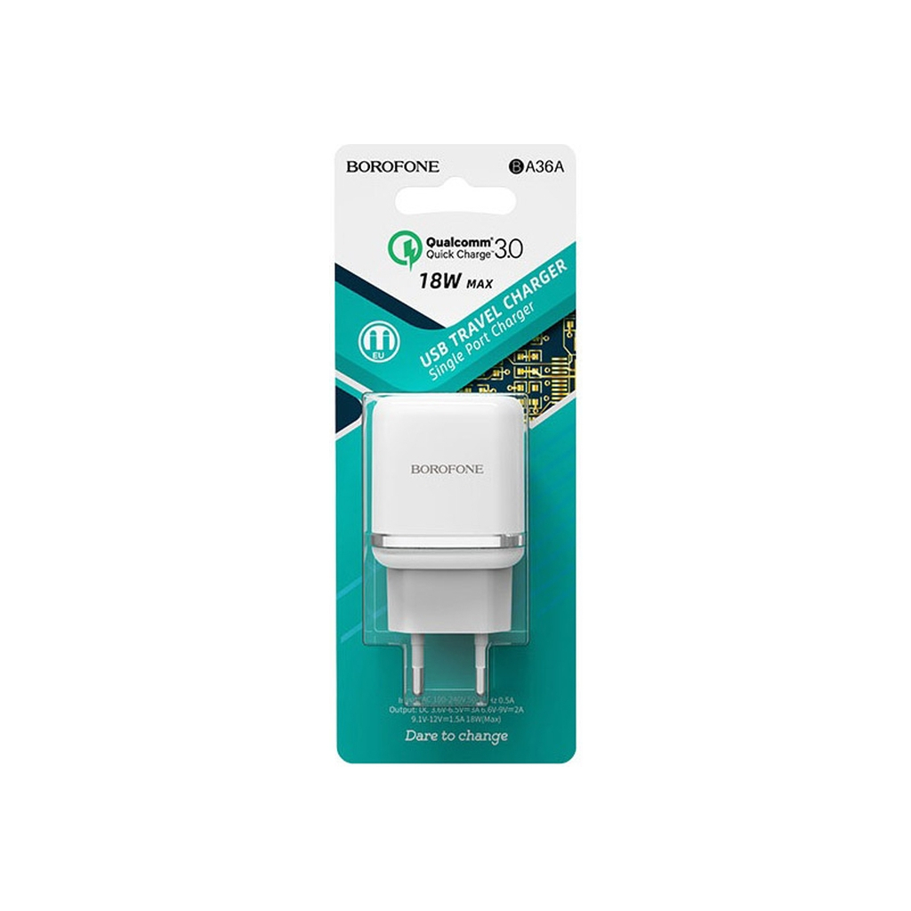 Зарядний пристрій BOROFONE BA36A High speed single port QC3.0 charger set White (BA36AW) - зображення 4
