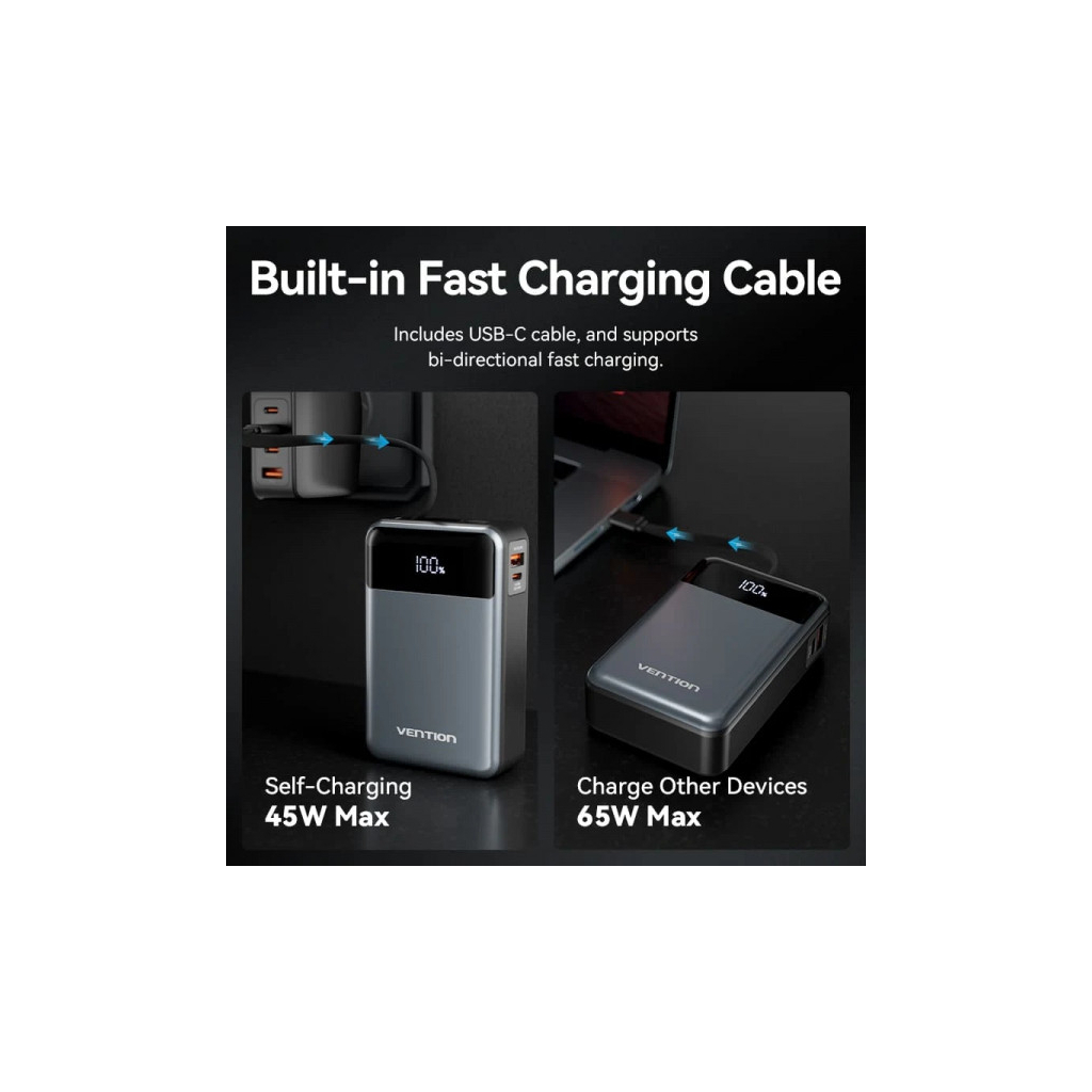 Батарея універсальна Vention 20000mAh 65W 3A PD, QC/3.0, USB-A, Type-C OUT, with Built-in USB-C Cable, LED Display (FHYB0) - изображение 6