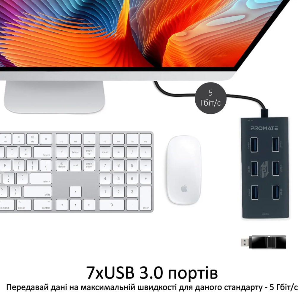 Концентратор Promate USB Hub 7 ports ezhub-7.grey (ezhub-7.grey) - зображення 3