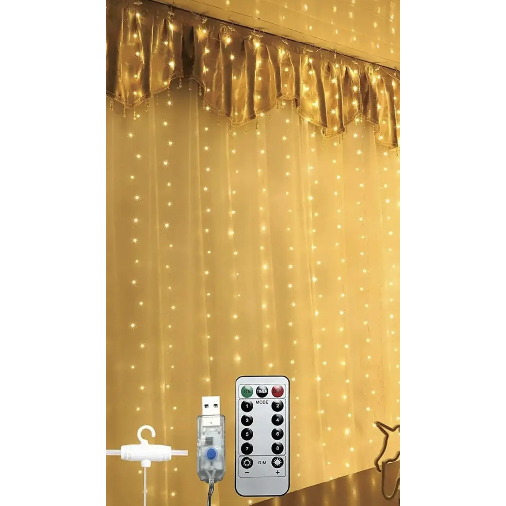 Гірлянда Chomik Штора 3 х 3 м 300 LED Теплий білий USB з пультом (5900779879997) - зображення 1