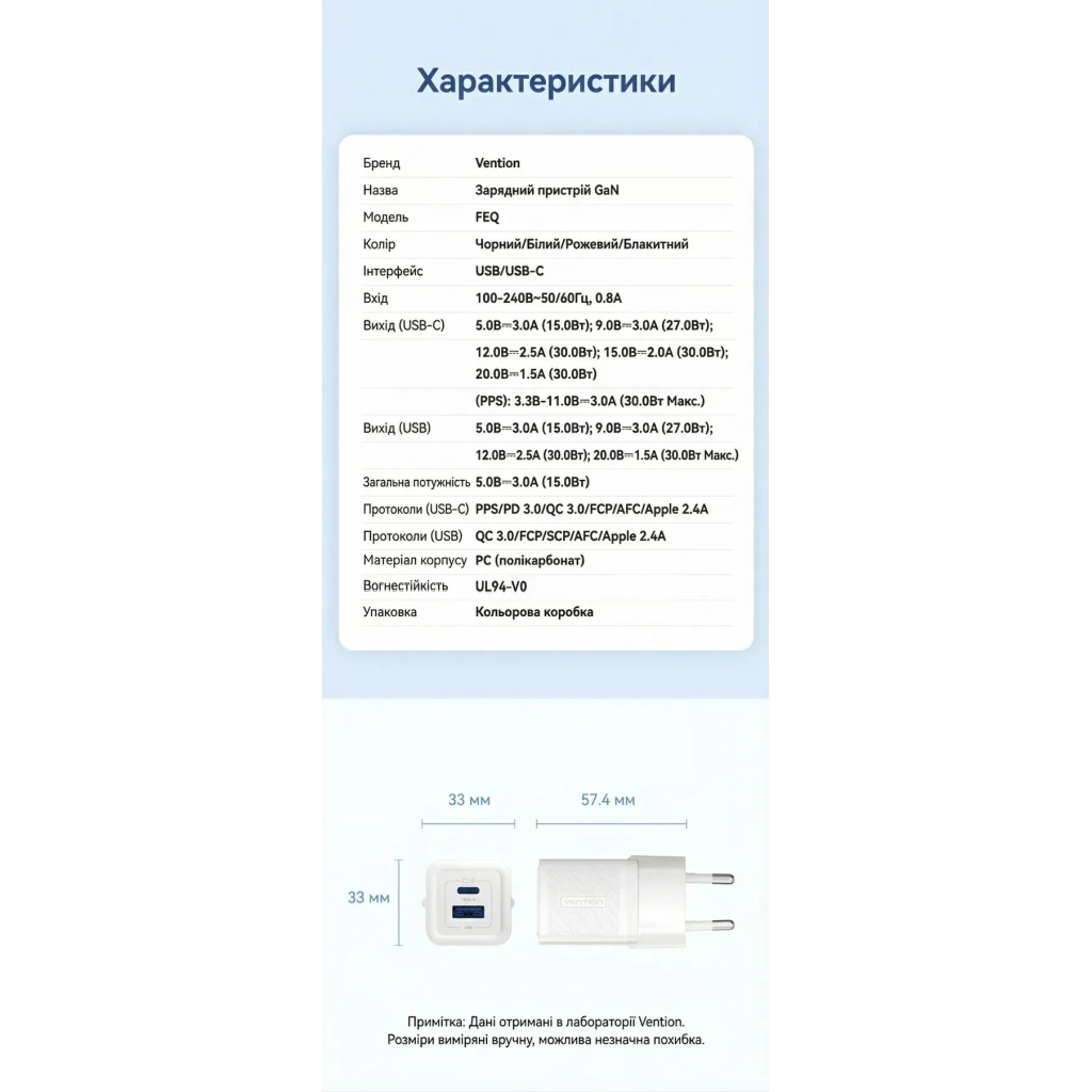 Зарядний пристрій VENTION 1xUSB-C PD30W + 1xUSB QC3.0 30W GaN white (FEQW0-EU) - зображення 10