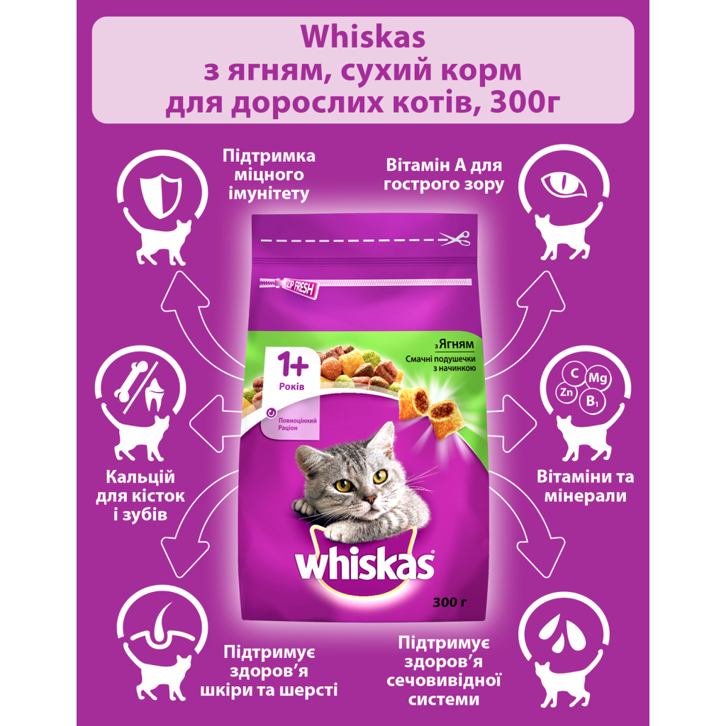 Сухий корм для кішок Whiskas з ягням 300 г (5900951305719/5900951014086) - зображення 4