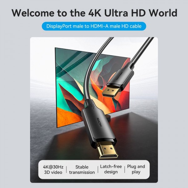 Кабель Vention DisplayPort - HDMI (M/M), 1.8 м, Black (HFOBAC) - изображение 7