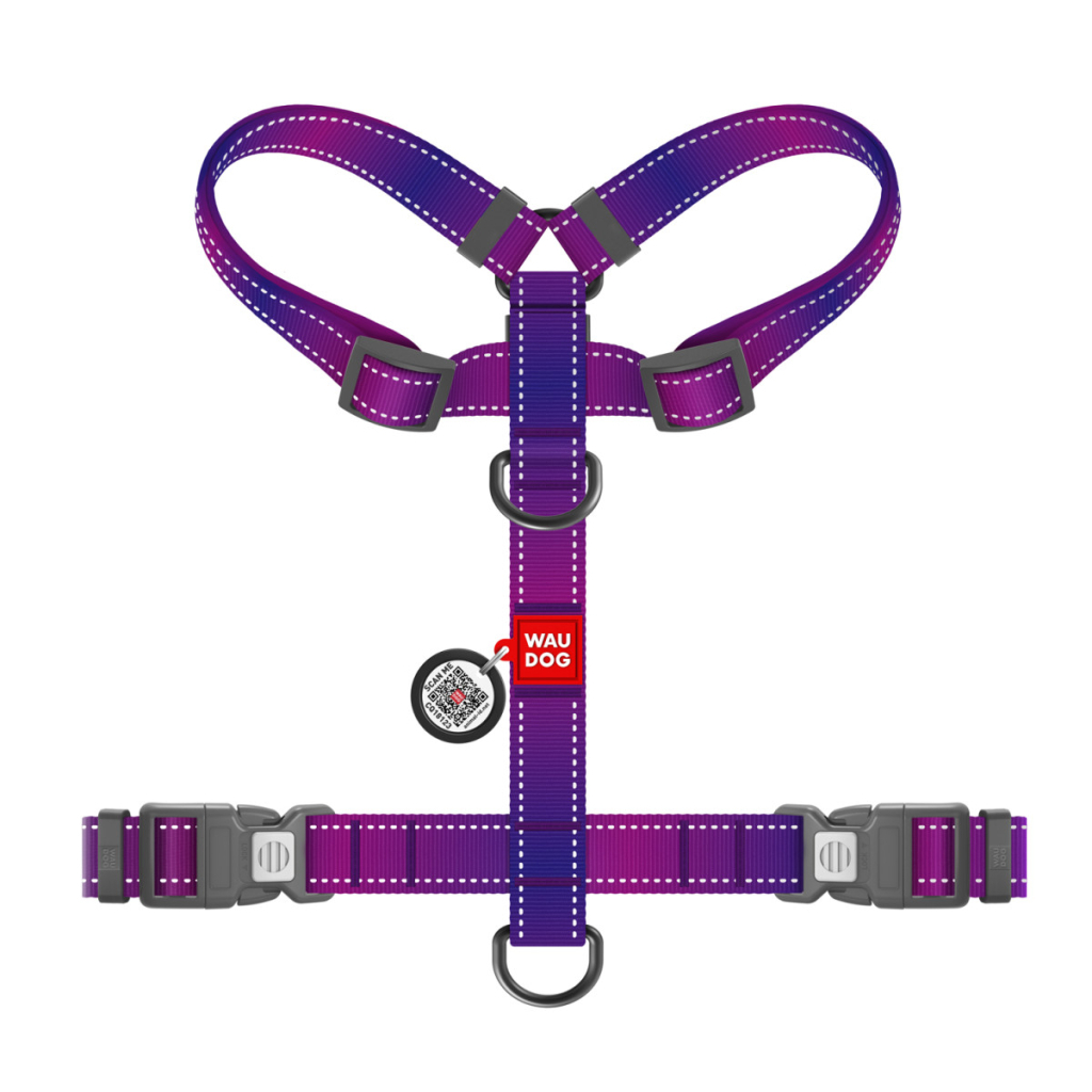 Шлея для собак WAUDOG Nylon Mono анатомічна H-подібна з QR паспортом, пластиковий фастекс, М фіолетова (54579) - зображення 2