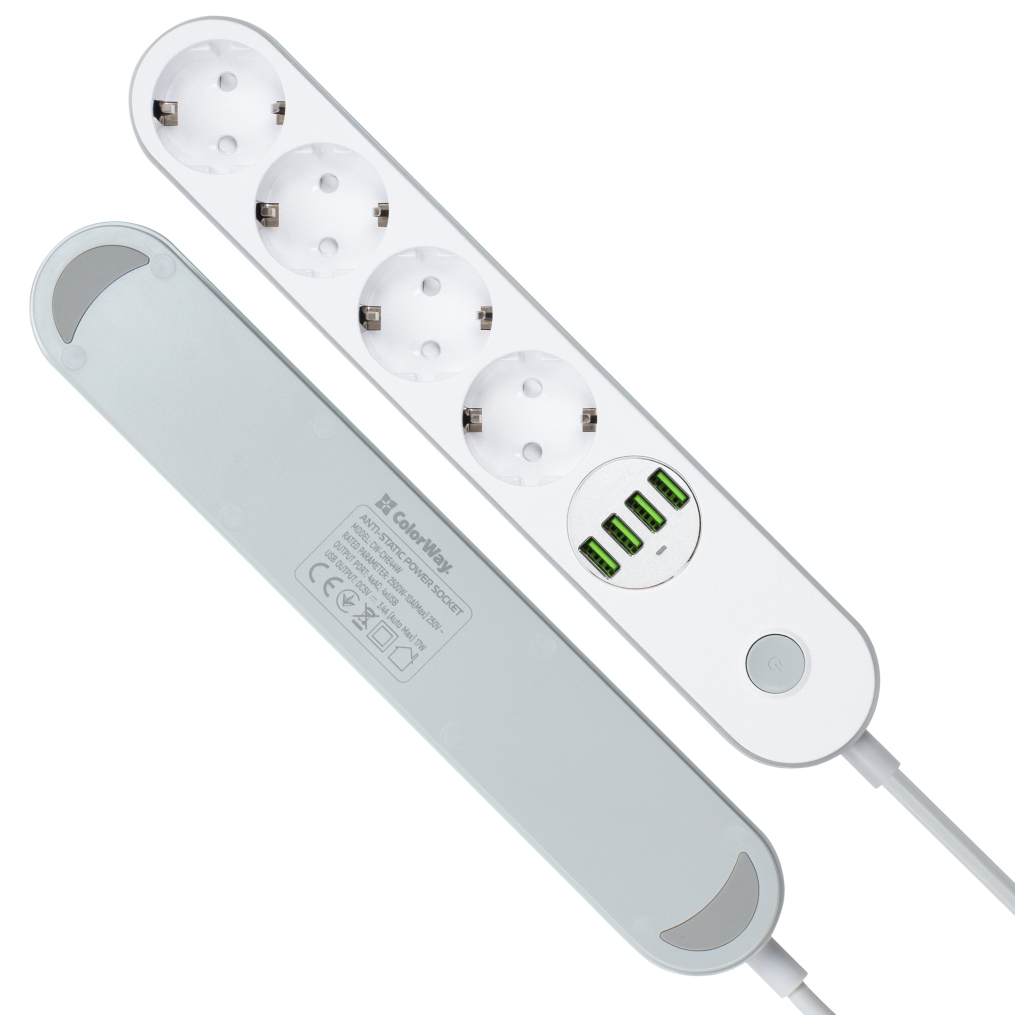 Мережевий фільтр живлення ColorWay CW-CHE44W, 4 розетки/4USB White 2M (CW-CHE44W) - зображення 4